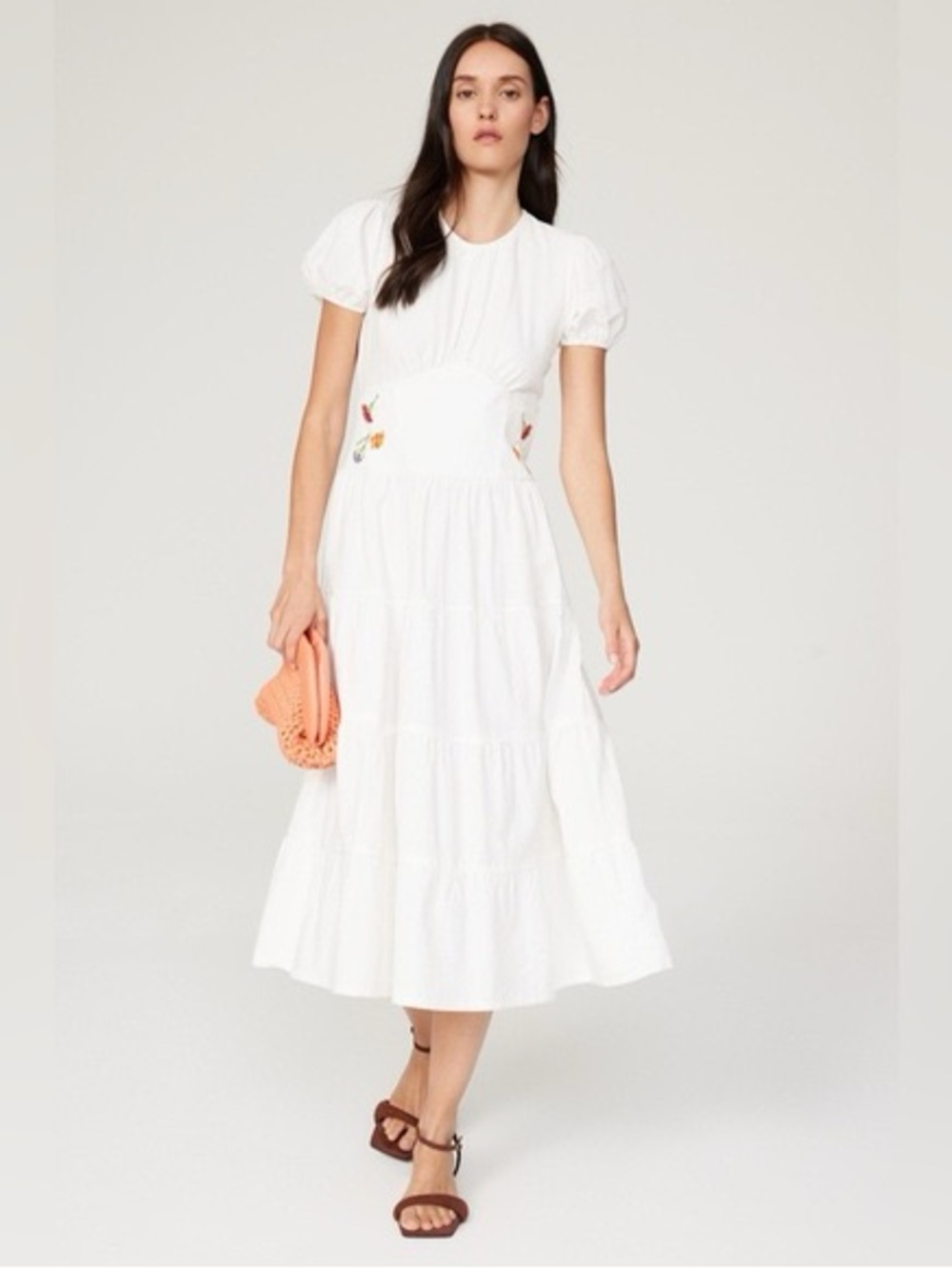 Lisa Says Gah White Floral Embroidered Puff Sleeve Maxi Dress Size M